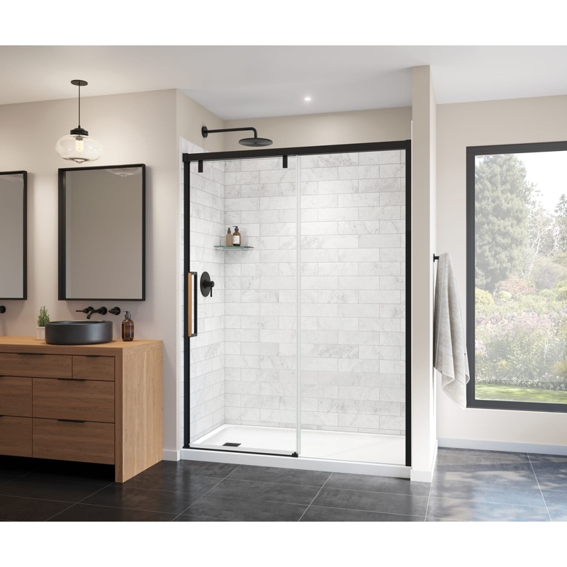 MAAX 135324-900-285-000 Uptown 56-59 x 76 in. 8 mm Sliding Shower Door for Alcove Installation with Clear glass in Matte Black & Wood