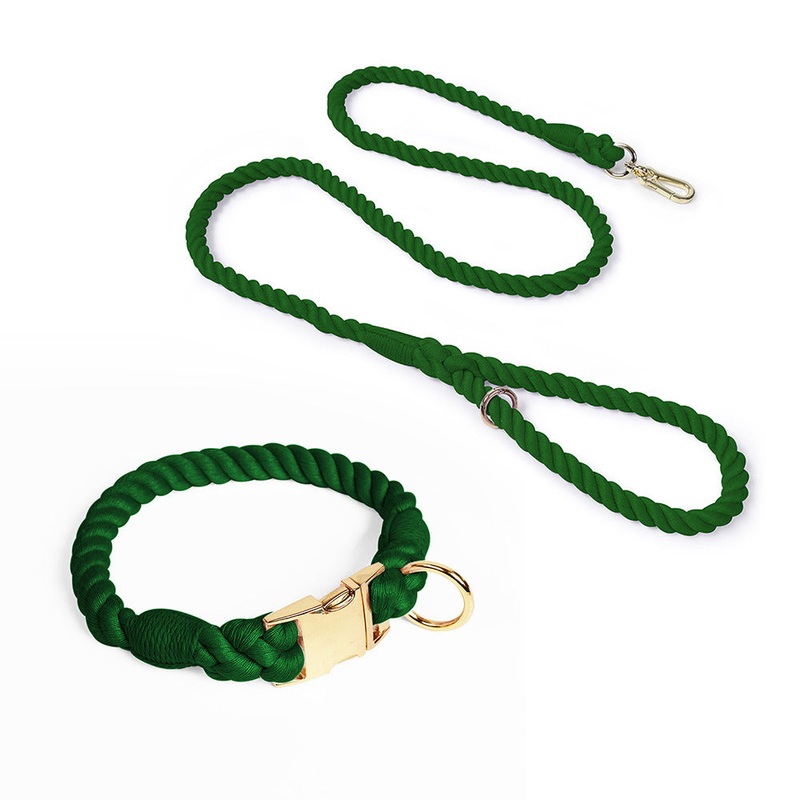 Handmade Gradient Rope Dog Collar & Leash Set – Colorful Braided Cotton (Dark green – Size M)