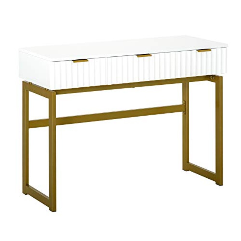 homcom Toeletta da Camera in MDF e Metallo, Tavolo per Trucco con 3 Cassetti 100x40x76cm Bianco e Oro