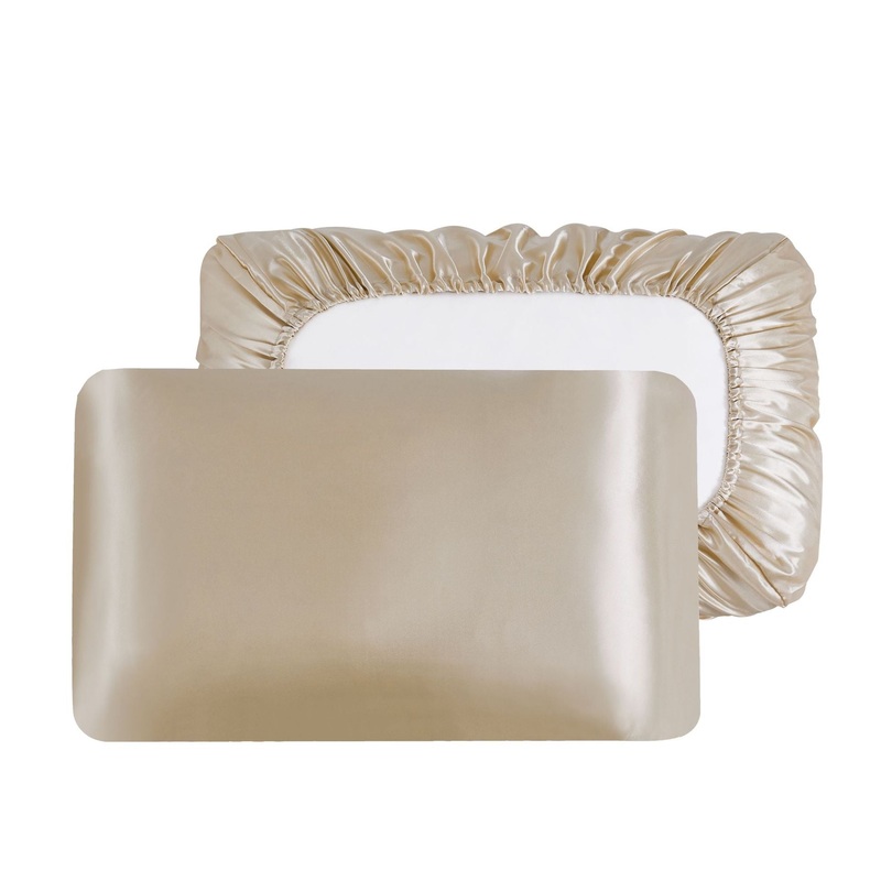 Champagne Silky Satin Pillowcase Pair – Smooth for Hair & Skin, Elastic Fitted (46×90+16cm)