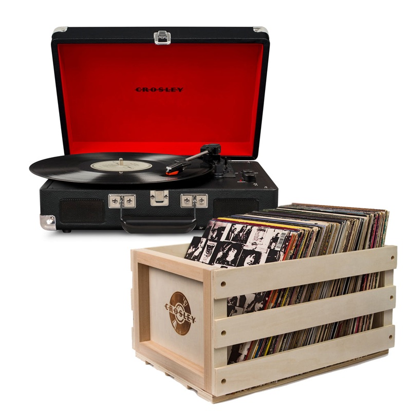 Crosley Cruiser Bluetooth Portable Turntable – Black + Bundled Crosley Record Storage Crate