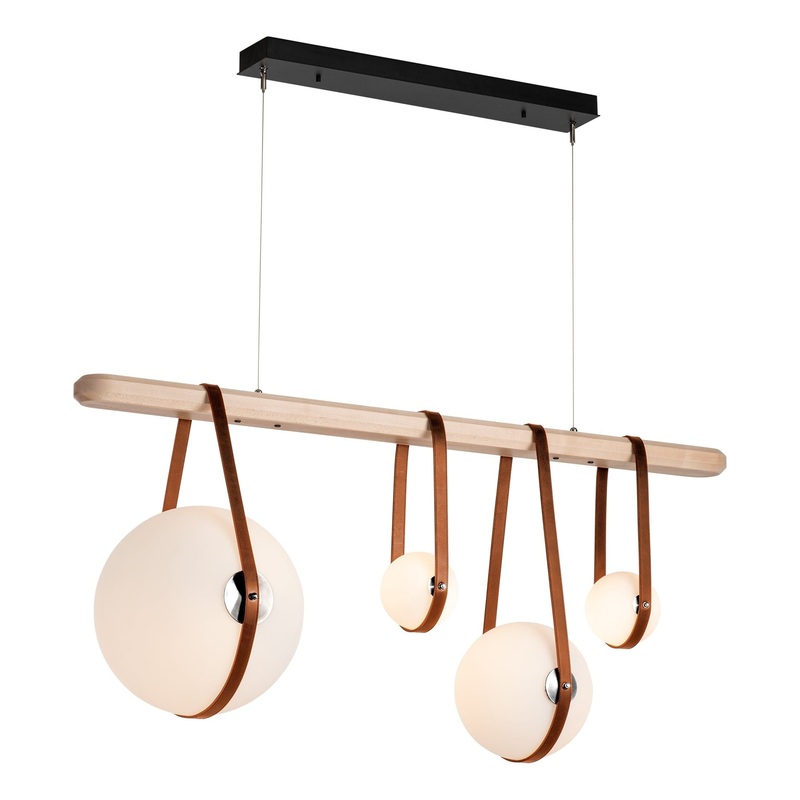 Derby Linear 4-Light LED Pendant Black Polished Nickel with Chestnut Leather Maple Wood