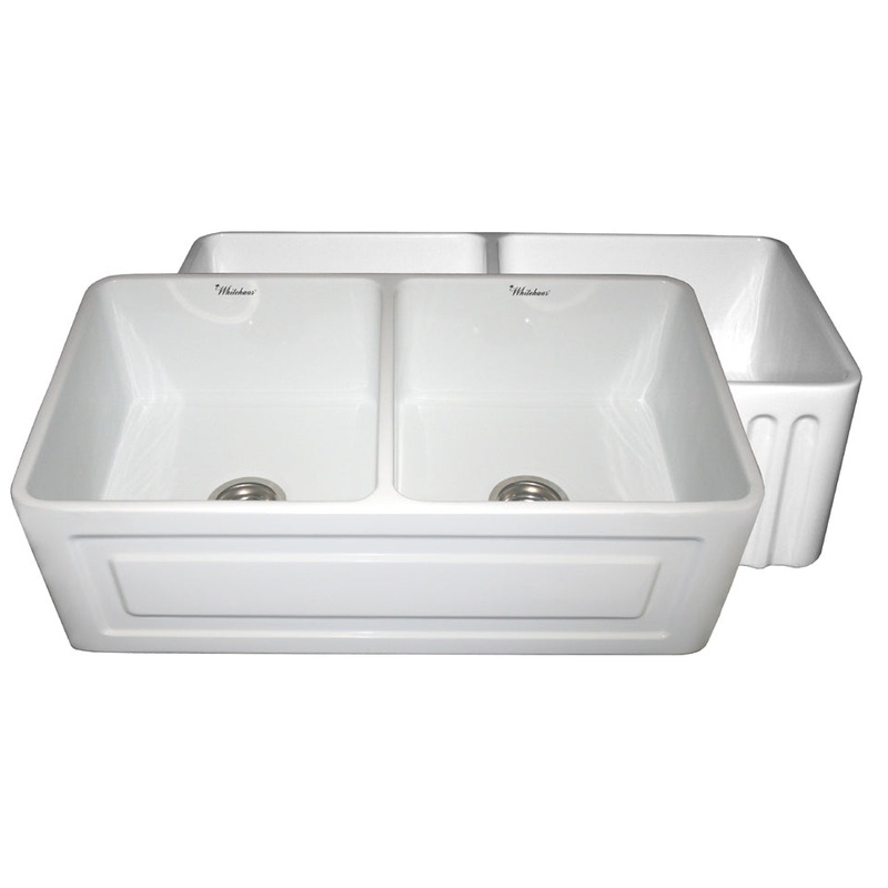 Farmhaus Fireclay Reversible Double Bowl Sink with a Raised Panel Front Apron on One Side and Fluted Front Apron on the Opposite Side
