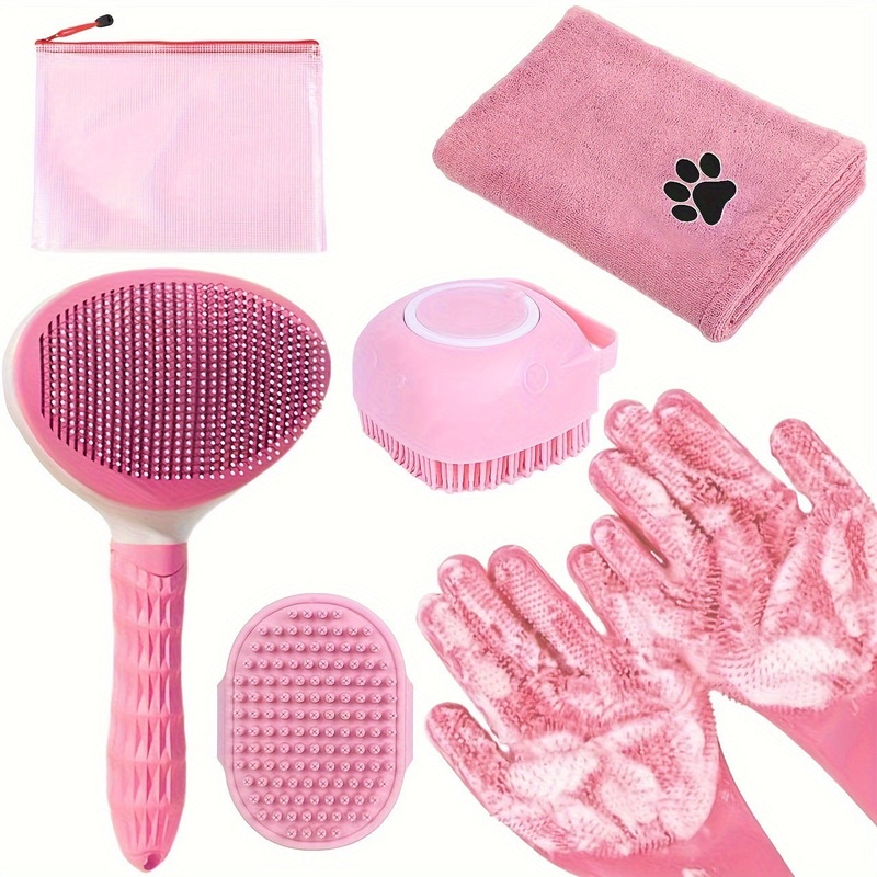 Pink 6-Piece Dog Grooming Bath Set – Absorbent Microfiber Towels & Wash Mitts for Shiny Coats