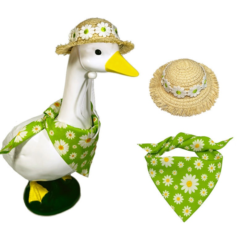 2 Sets Khaki and Green Daisy Delight Porch Goose & Small Pet Costume – 2 Summer Straw Hat & 2 Floral Bandana Set