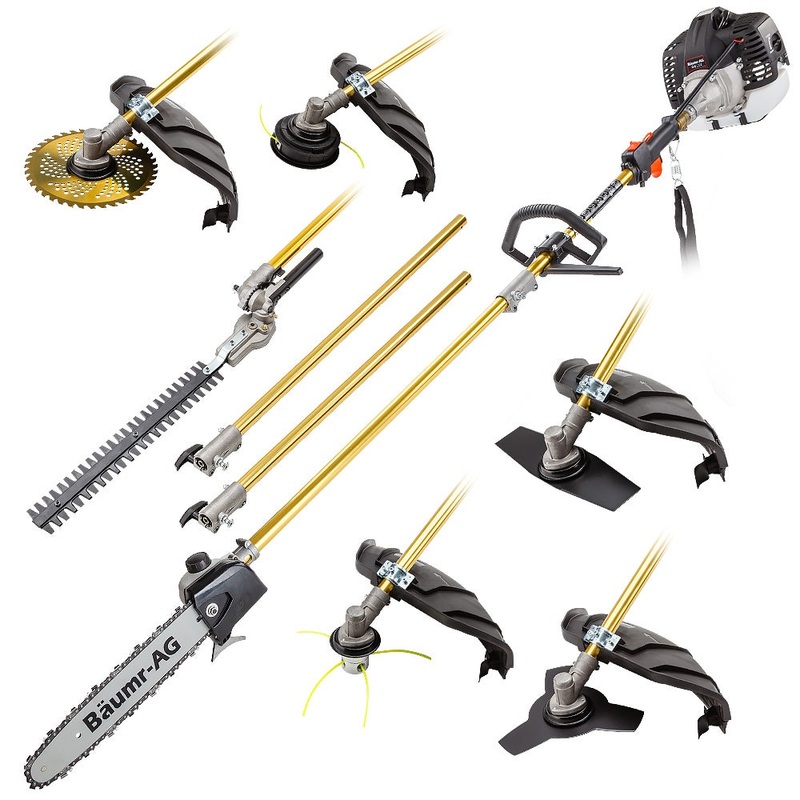 BAUMR-AG 65cc 7in1 Long Reach Garden Multi-tool, Pole Saw, Hedge & Line Trimmer, Brush Cutter, 12″ Tree Trimming Pruning Chainsaw Bar, 2 Extension Shafts