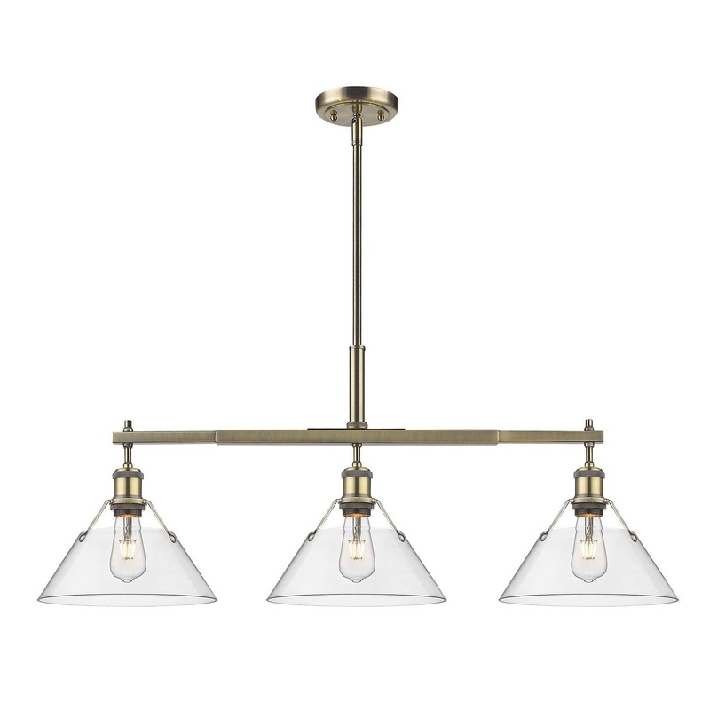 Three Light Linear Pendant from the Orwell Collection in Aged Brass Finish by Golden