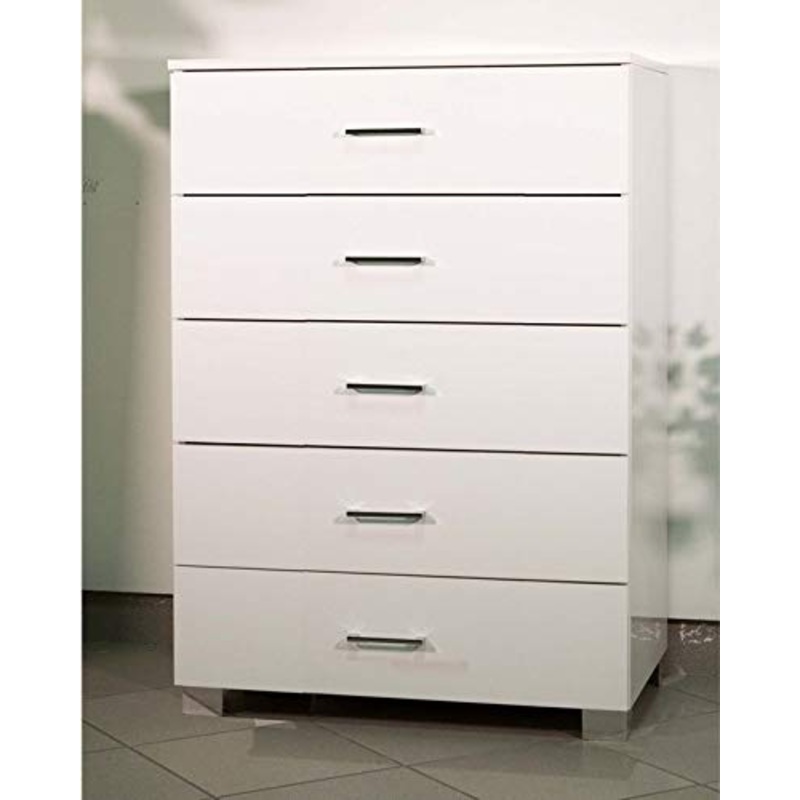 Cassettiera multiuso a 5 cassetti in legno arredamento moderno salotto camera da letto (81x44xh103) (Bianco Lucido)