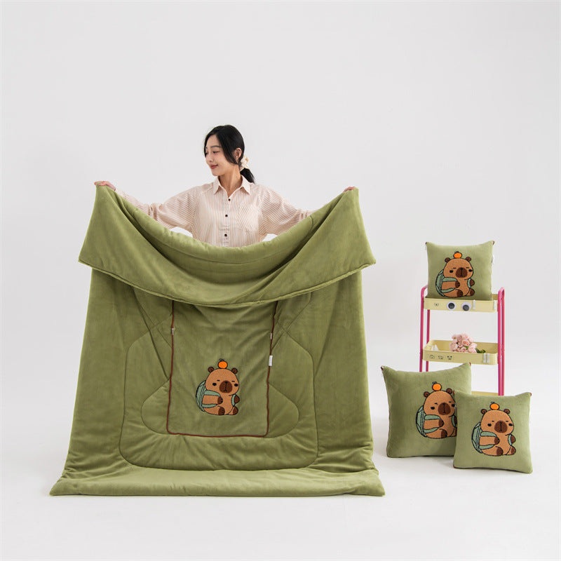Green Kapybara – 2-in-1 Foldable Car Pillow Blanket – Cozy 40x40cm Pillow, Unfolds to 100x150cm Blanket for Travel and Office Naps