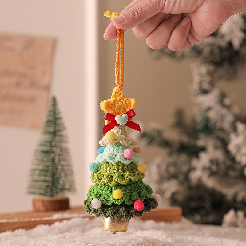2 Pcs Style C Yellow and Green Handmade Crochet Christmas Tree Ornament – Festive Hanging Decoration with Jingle Bell