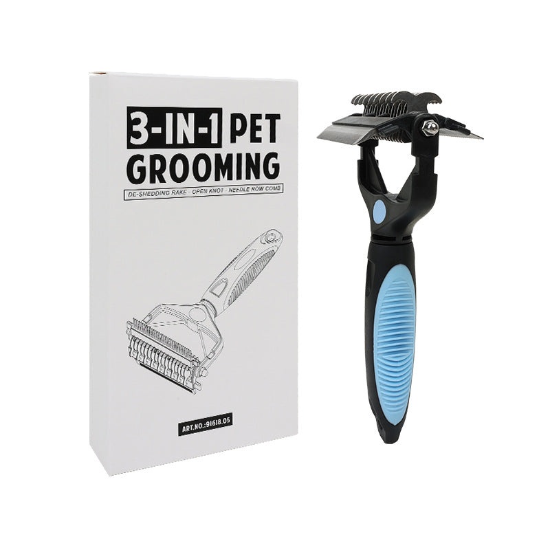 Blue and Black Professional 3-in-1 Pet Grooming Tool – Dematting Rake, Deshedding Comb & Finishing Brush for Dogs & Cats