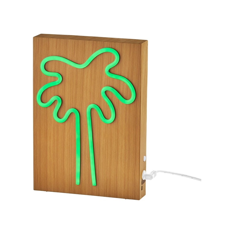 Wood Framed Neon Palm Tree Table/Wall Lamp Natural Wood Grain Finish on Plastic – Water Transfer