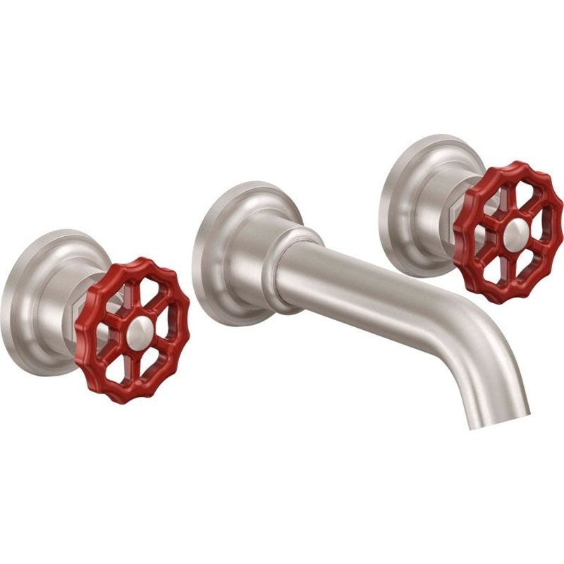 Lavatory Trim Descanso Works Vessel Wall 2 Red Wheel Satin Brass Spout Reach 6-5/16 Inch 1.2 Gallons per Minute