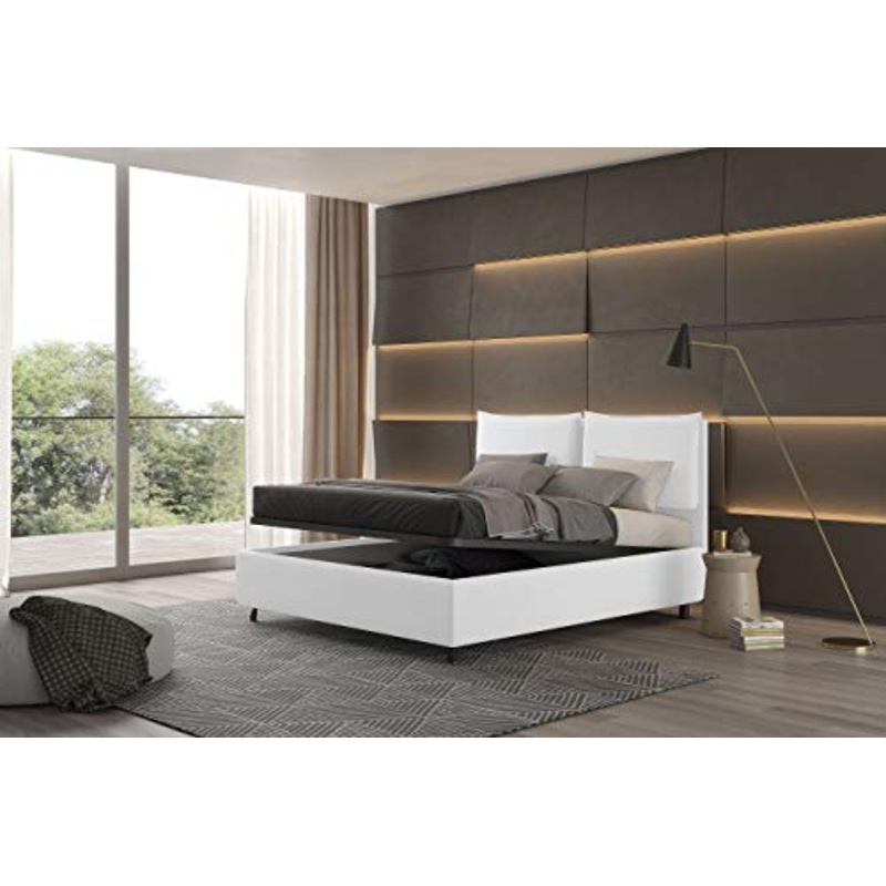 Talamo Italia Letto contenitore matrimoniale Bach, Made in Italy, Struttura in tessuto imbottito, Adatto a materasso 160×190 cm, Bianco