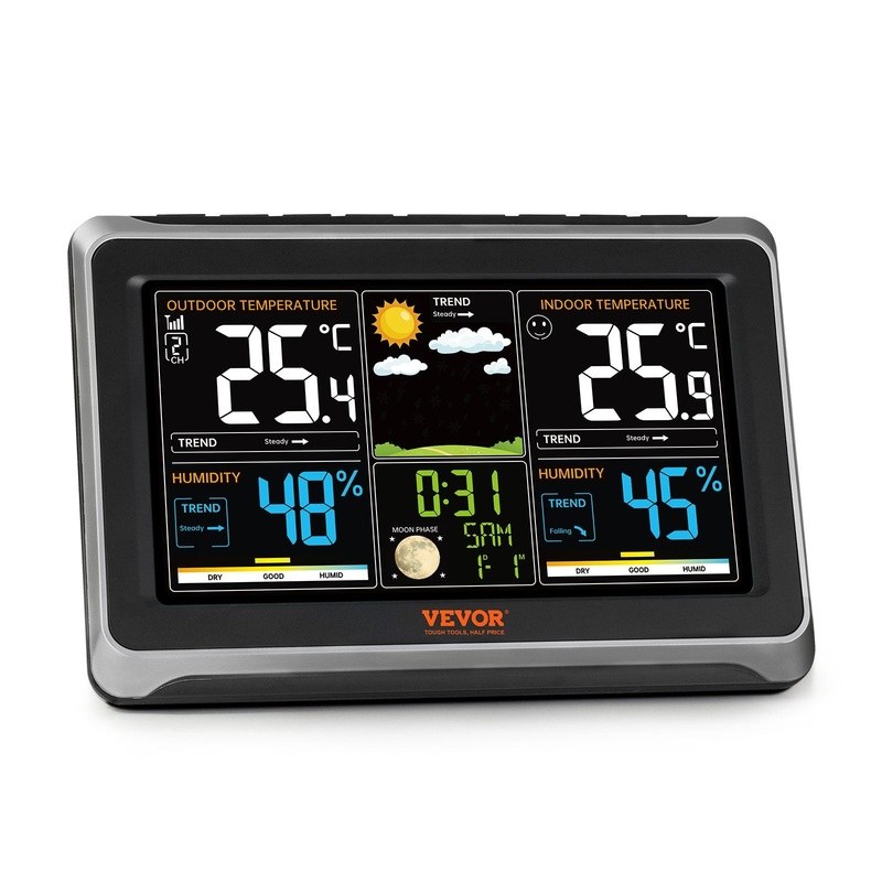 VEVOR Weather Station Indoor Outdoor, Large Color Display, Wireless Digital Home Weather Station, with Sensor Atomic Clock Adjustable Backlight Forecast Data Calendar Alarm Alert Temperature