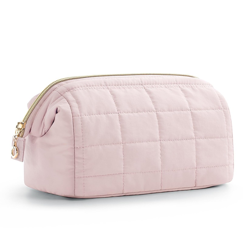 Pink Chic Quilted Puffer Makeup Bag – Large Capacity Travel Cosmetic Organizer with Wide Opening