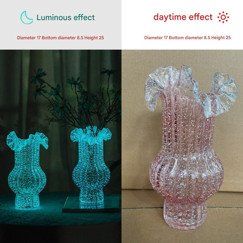 Pink Elegant Glow-in-the-Dark Glass Vase – Vintage-Style Ruffled & Ribbed Centrepiece