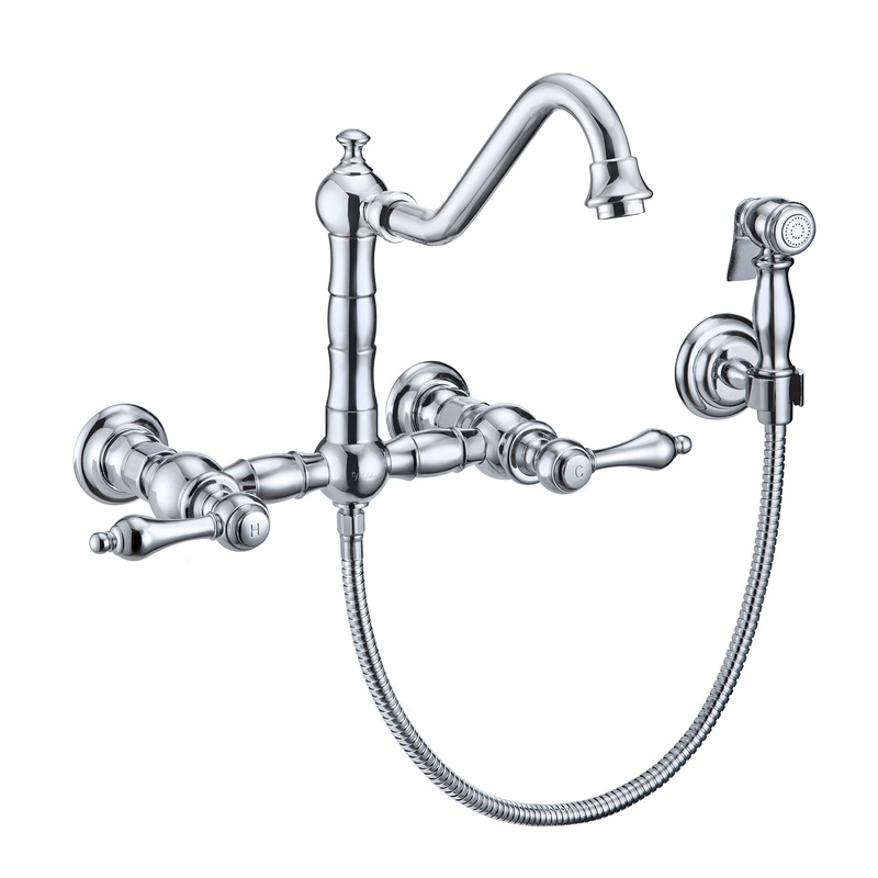 Vintage III Plus Wall Mount Faucet with a  Long Traditional Swivel Spout, Lever Handles and Solid Brass Side Spray