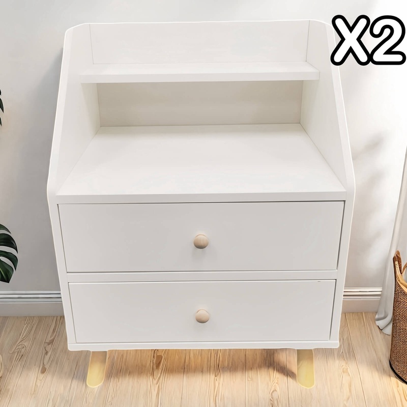 2x Bedside table set modern design wooden legs white drawers furniture