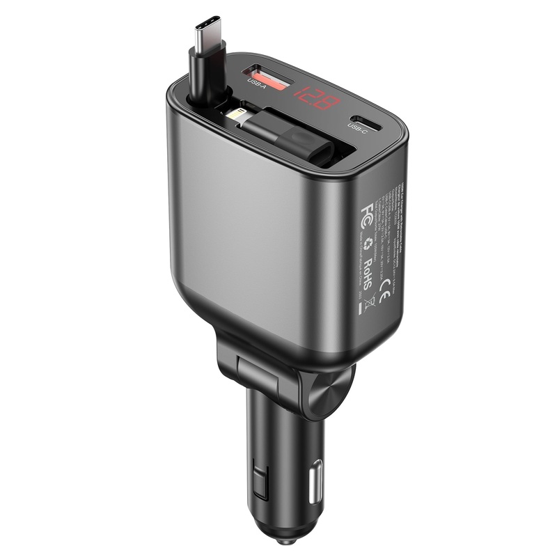 CHOETECH TC0033 105W USB-C+USB-A Fast car charger with Stretchable USB-C + Lightning cables