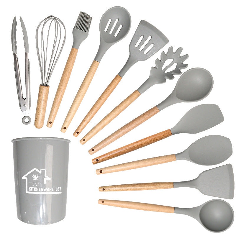 Light Grey 11-Piece Silicone Kitchen Utensil Set with Wooden Handles and Storage Bucket – Heat Resistant and Non-Stick