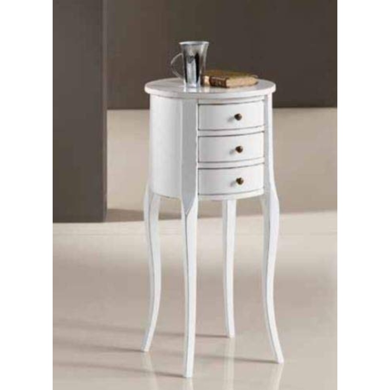 Comodino Circolare a 3 cassetti Laccato Bianco, Stile Classico (cm.  34 – H. 71) (TVG)