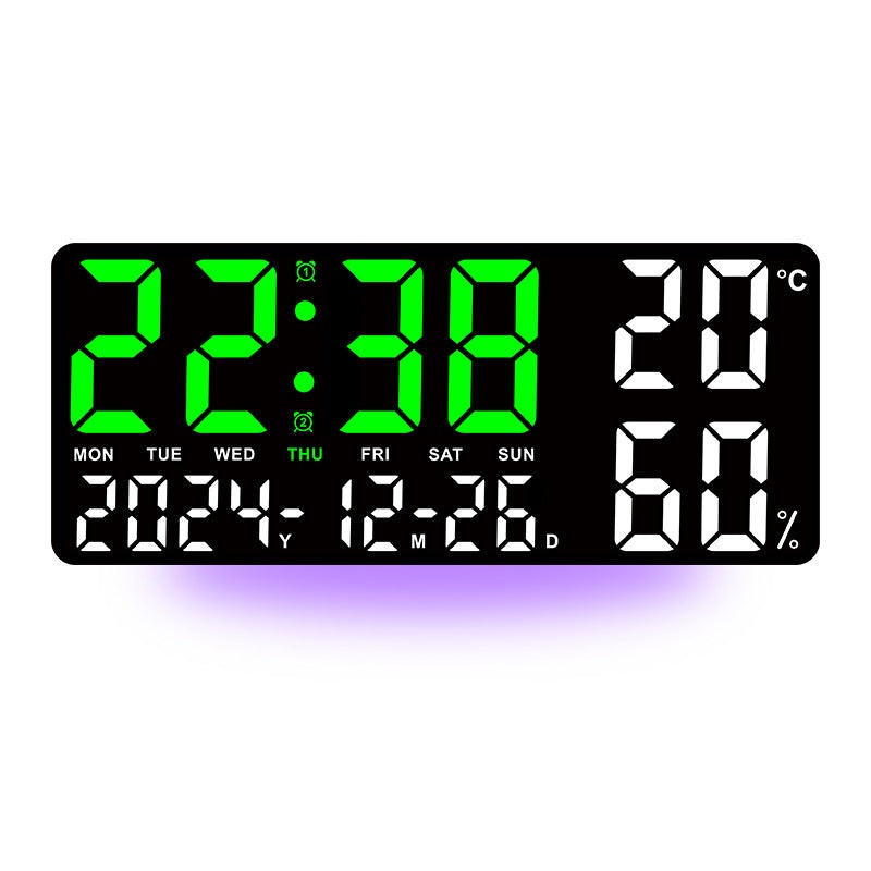 Black Background With Green and White Light Sleek Large LED Digital Wall & Desk Clock – Remote Control, Temperature, Humidity, Dual Alarms, Calendar