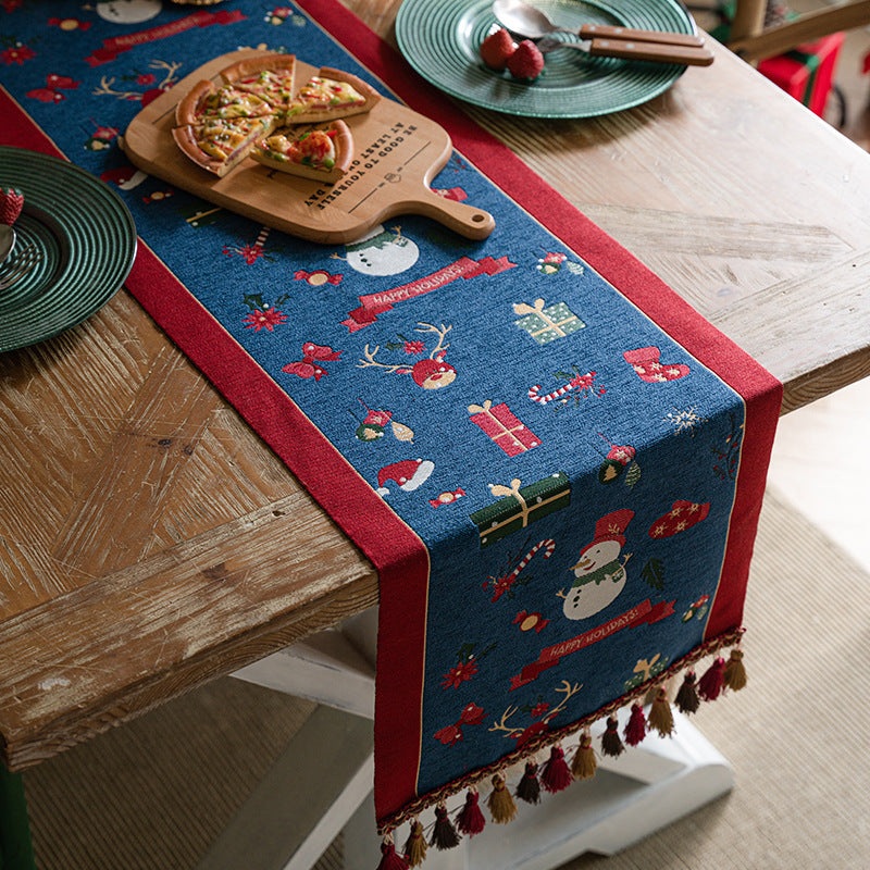 Blue Christmas Festive Table Runner – Blue with Snowman, Reindeer and Happy Holidays (35*180cm)