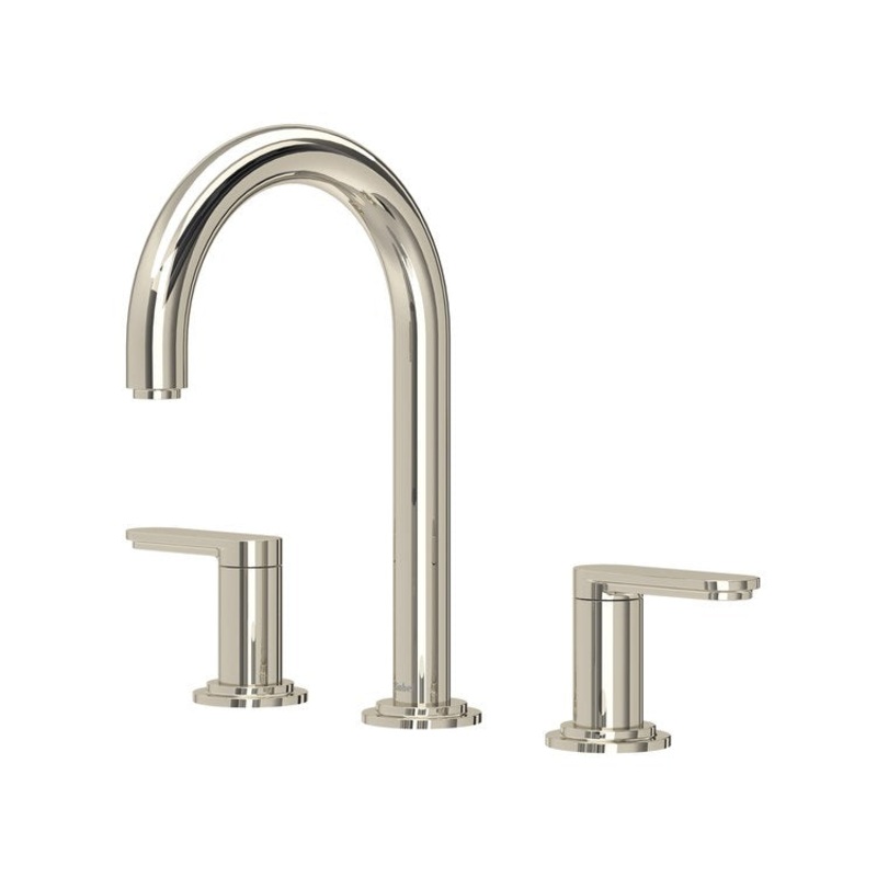 Lavatory Faucet Arca Widespread 8 Inch Spread 2 Lever ADA Watersense Polished Nickel 1.2 Gallons per Minute Deck Mount Push 3 Hole
