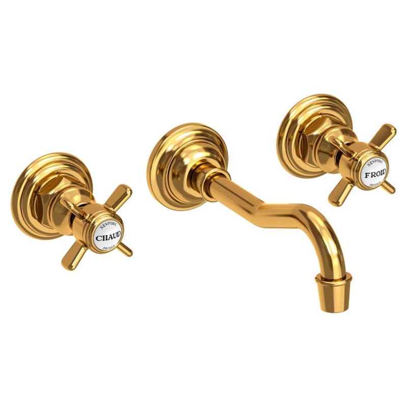 Lavatory Faucet Fairfield Wall Mount 8 Inch Spread 2 Cross ADA WaterSense Aged Brass 1.2 Gallons Per Minute Brass Less Drain Spout Reach 7-1/4 Inch