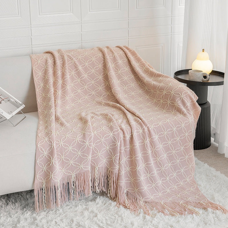 Pink Cozy Geometric Knitted Throw Blanket with Tassels – Soft Acrylic Decorative Sofa & Bed Cover, 130x180cm
