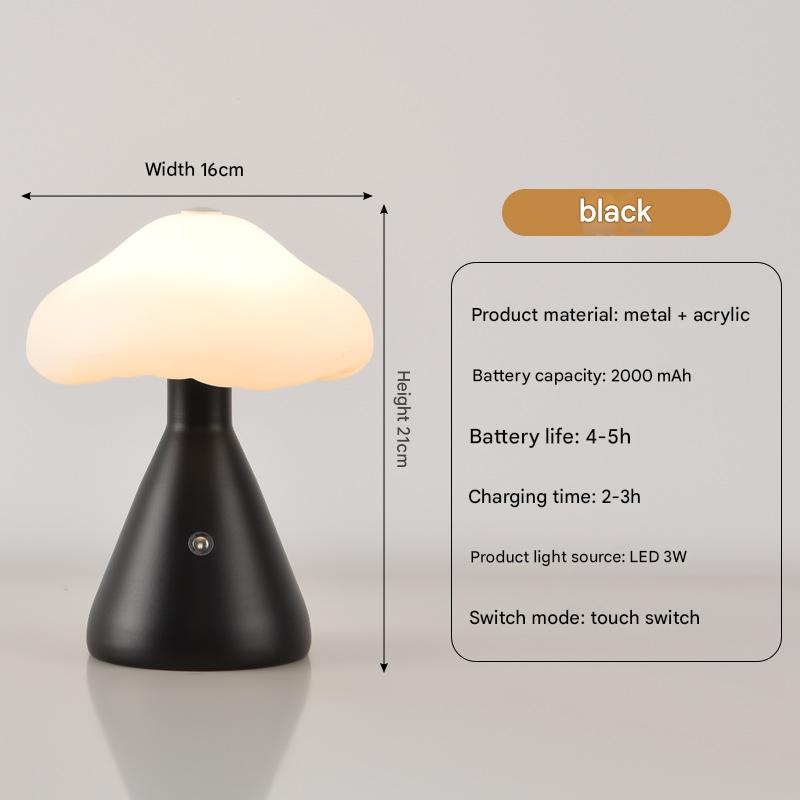 Black Mushroom LED Table Lamp – Rechargeable, 3-Color Touch Dimmable, USB-C