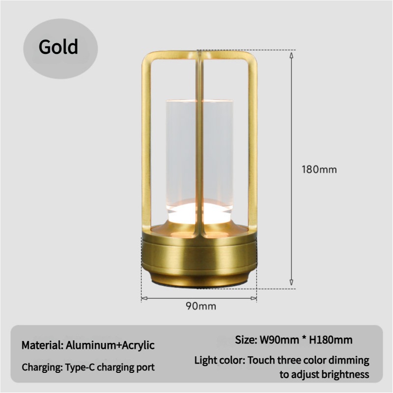 Gold Rechargeable Table Lamp – Touch Dimming 3-Color LED Light for Bedroom and Office