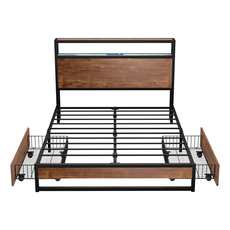 Oikiture Metal Bed Frame Double LED Storage Headboard USB Charging & 2 Drawers