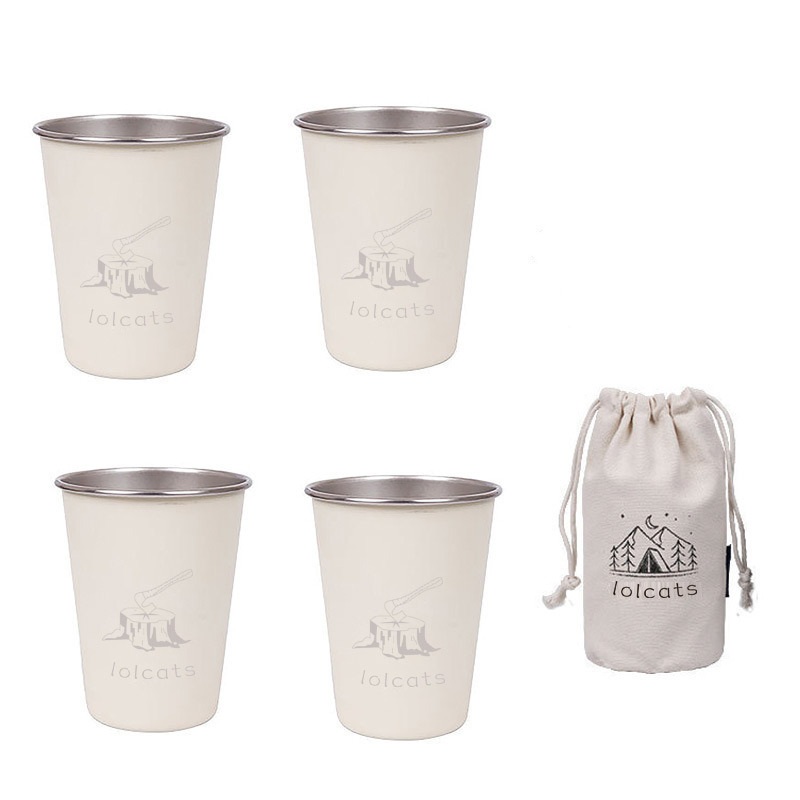 White 304 Stainless Steel Camping Cup – 350ml Outdoor Drinkware(Set of 4 with Bag)