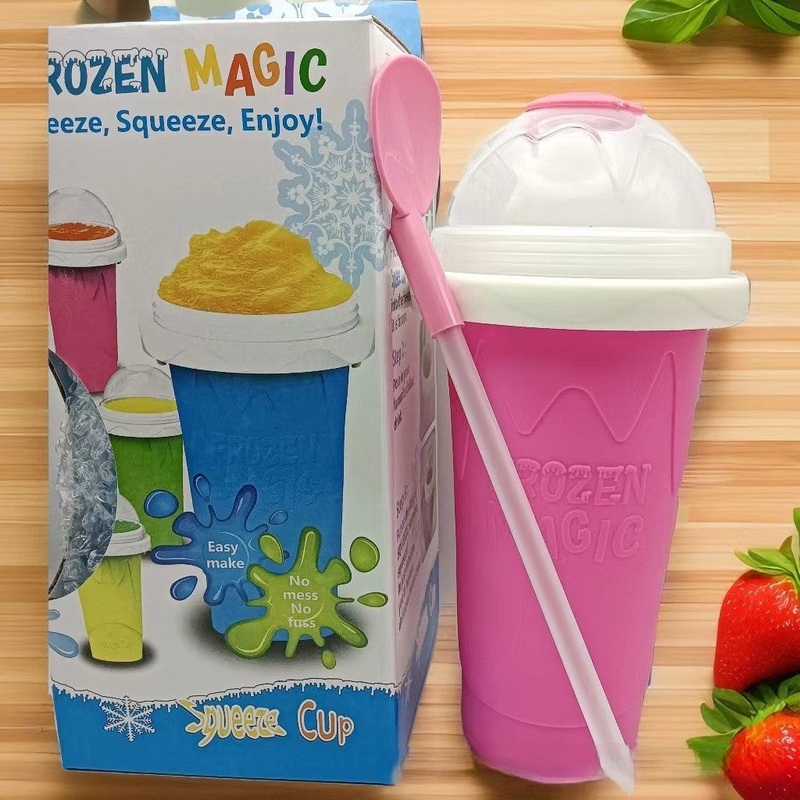 DIY Frozen Magic Slushy Maker Cup – Quick Squeeze Smoothie Cup with Lid & Straw/Spoon(Rose Red)