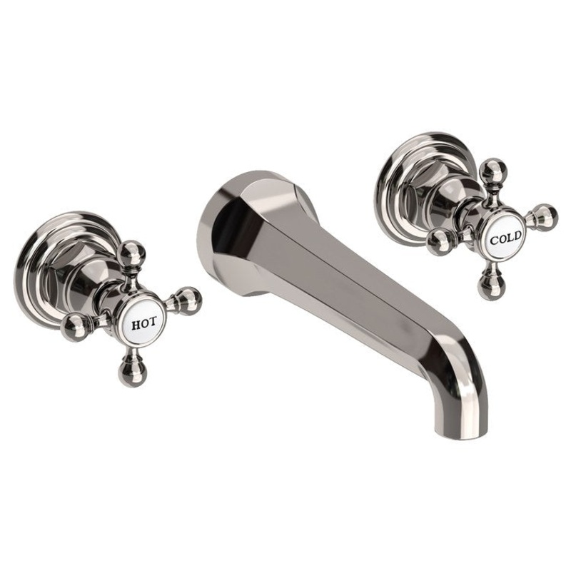 Lavatory Faucet Astor Wall Mount 8 Inch Spread 2 Cross ADA Watersense Polished Nickel 1.2 Gallons Per Minute Brass Less Drain Spout Reach 7-1/2 Inch