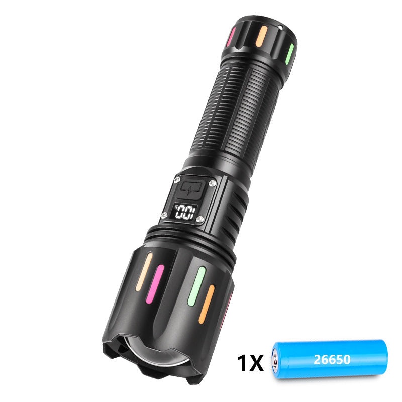 30W High Brightness LED Flashlight with Digital Display & Fluorescent Design – USB Rechargeable, 800-1200M Range(black+One 26650 battery)