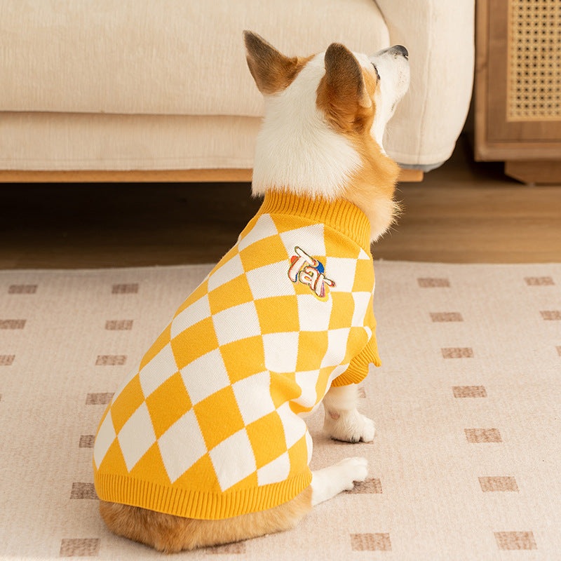 Classic Argyle Dog Sweater – Yellow & White Knit for Corgis & Medium Breeds (Size : L)