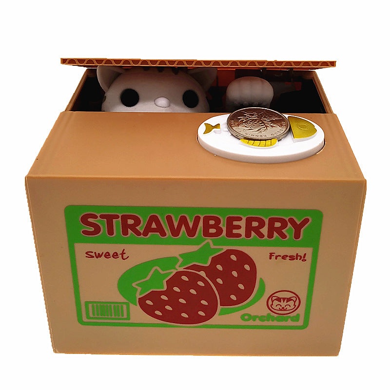 Adorable Cat Stealing Coin Piggy Bank – Automatic Money Saving Box for Kids & Adults(Strawberry white cat)