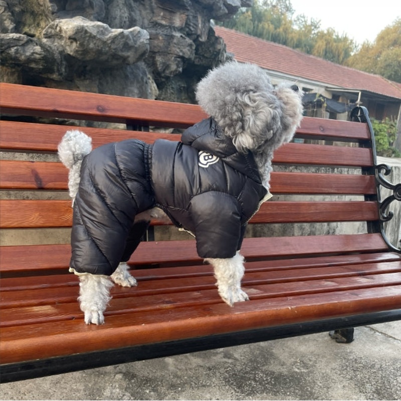 Black Warm Puffer Dog Coat – Waterproof Four-Legged Winter Jumpsuit for Small Dogs