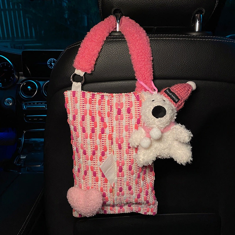 Cute Pink Bear Car Tissue Holder – Woven Design