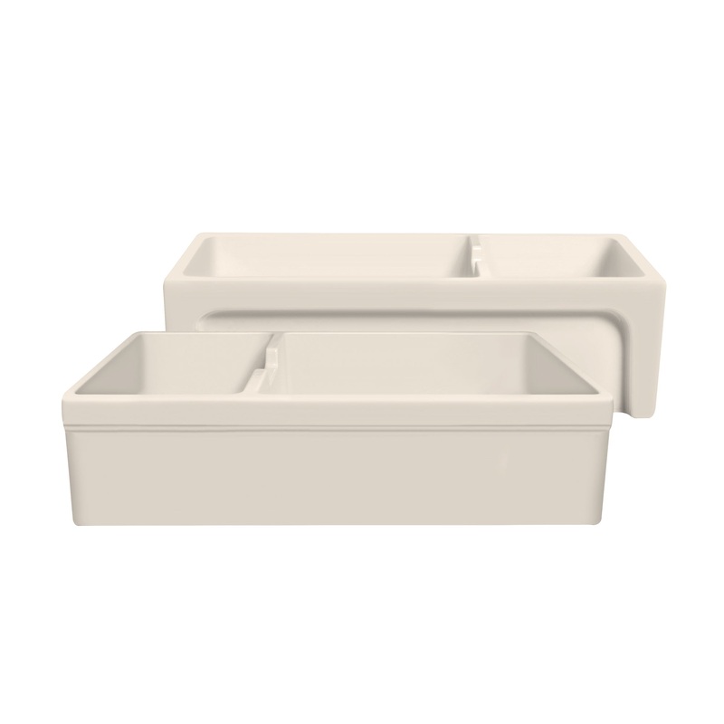 Glencove Fireclay 42″ Large Double Bowl  Reversible Sink with an Elegant Beveled Front Apron on One Side and a Decorative Lip on the Opposite Side