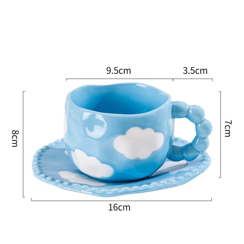 Hand-Painted Ceramic Coffee Mug and Saucer Set – Whimsical Afternoon Tea Cup with Spoon(Blue sky and white clouds)
