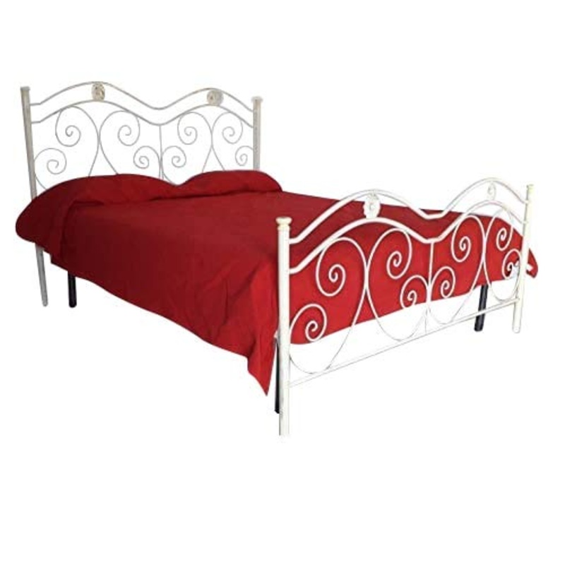Letto Matrimoniale, Ferro BATTUTO, Modello Laura, 100% Made in Italy (Avorio, Sfumature Oro)