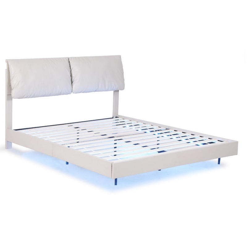Artiss Double Bed Frame RGB LED Floating Beds Adjustable Headboard Beige White