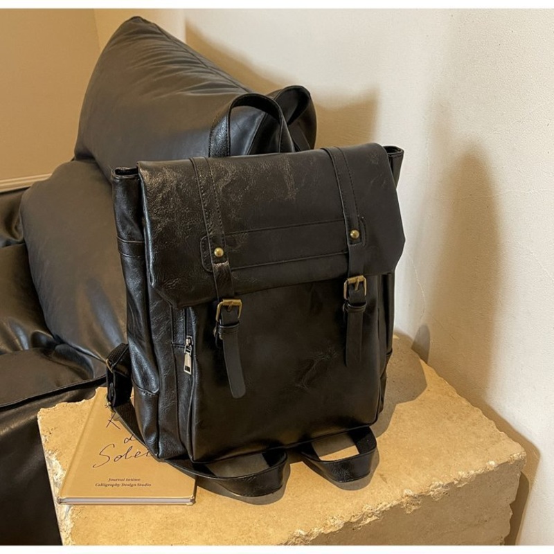 Black Vintage Style PU Leather Backpack – Large Capacity Women’s Rucksack for University, Commute & Travel