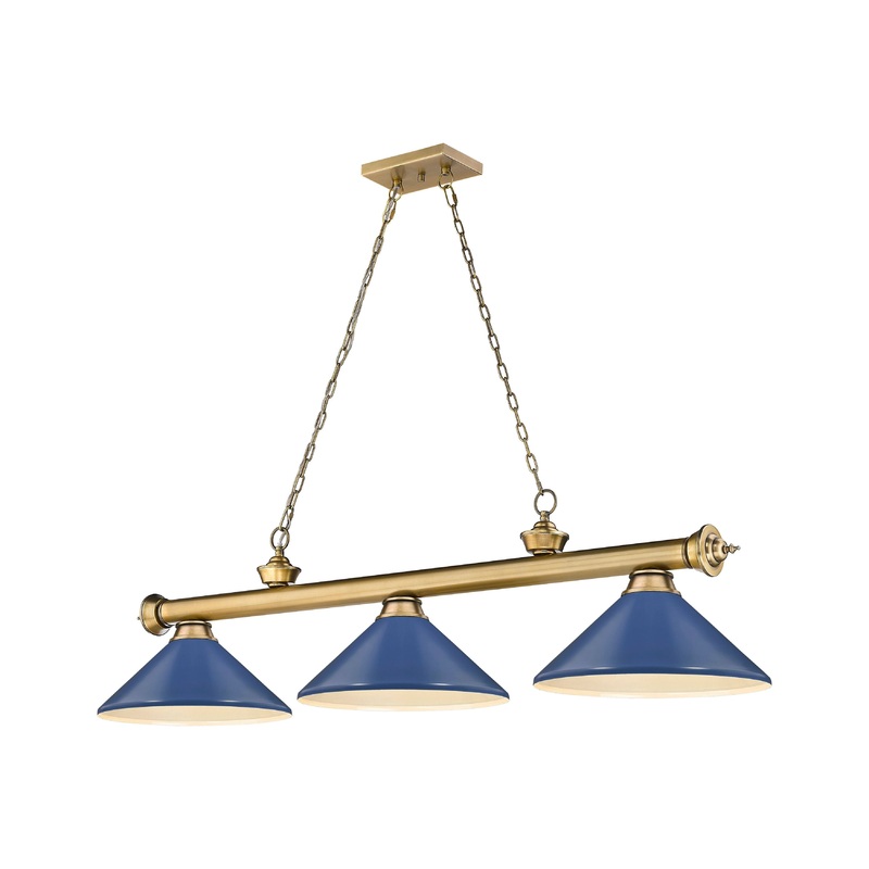 Cordon 3-Light Billiard Rubbed Brass Cone Navy Blue Steel