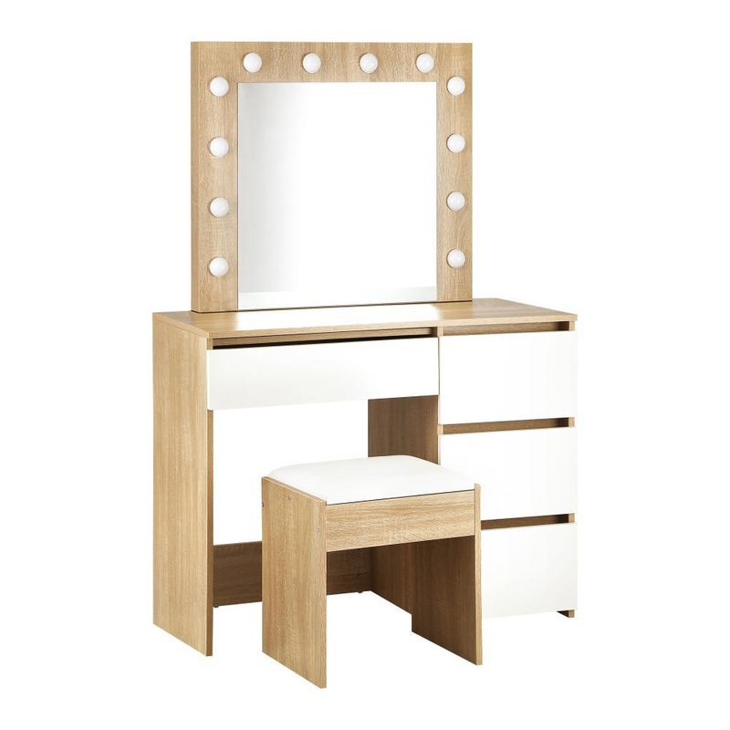 Dressing Table Stool Set 12 LED Bulbs Mirror Wooden&White