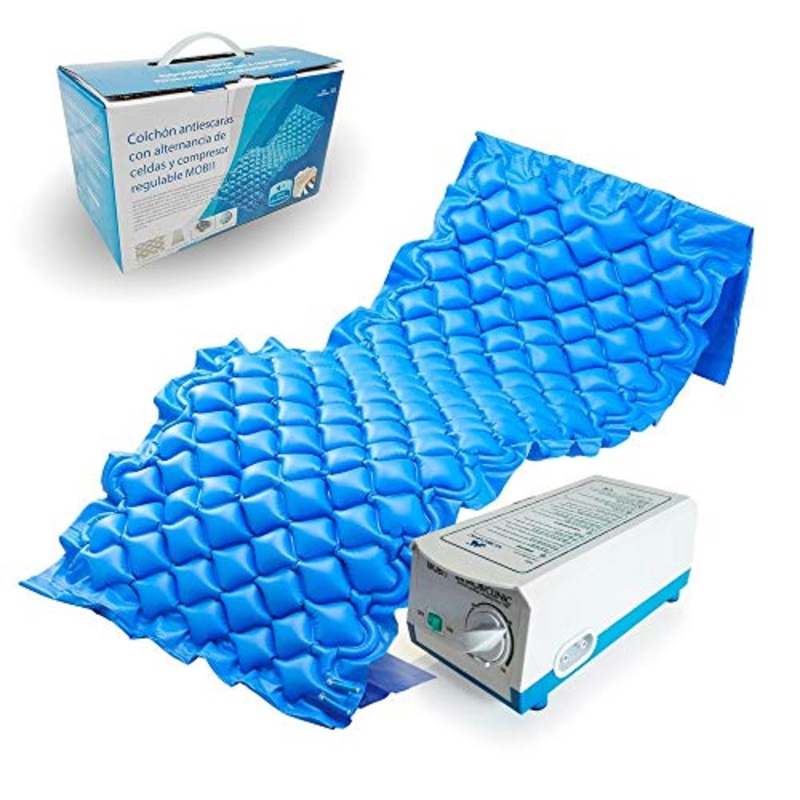 Mobiclinic, Materasso antidecubito, Mobi 1, Marchio europeo, Celle ad aria alternata, Marcatura CE, Piaghe II stadio, Con compressore PVC medico ignifugo, 200 x 90 x 7, 130 cellette, colore Blu